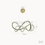 Luminaria Farella Gold con medidas visibles. Muestra un diámetro de 50 cm y altura regulable hasta 1 metro, ideal para su instalación en techos medianos o altos. Su estructura de aluminio dorado realza el equilibrio entre diseño y funcionalidad.