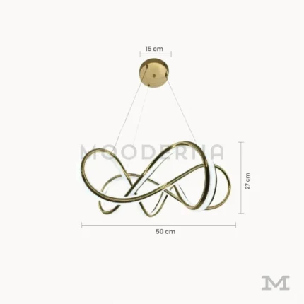 Luminaria Farella Gold con medidas visibles. Muestra un diámetro de 50 cm y altura regulable hasta 1 metro, ideal para su instalación en techos medianos o altos. Su estructura de aluminio dorado realza el equilibrio entre diseño y funcionalidad.