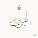 Luminaria Arisse Gold con medidas técnicas visibles. Muestra un diámetro de 58 cm y altura de 30 cm, con estructura ajustable y líneas curvas. Ideal para planificar instalación en salas amplias o comedores modernos con iluminación decorativa de alto impacto.