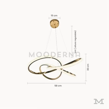 Luminaria Arisse Gold con medidas técnicas visibles. Muestra un diámetro de 58 cm y altura de 30 cm, con estructura ajustable y líneas curvas. Ideal para planificar instalación en salas amplias o comedores modernos con iluminación decorativa de alto impacto.