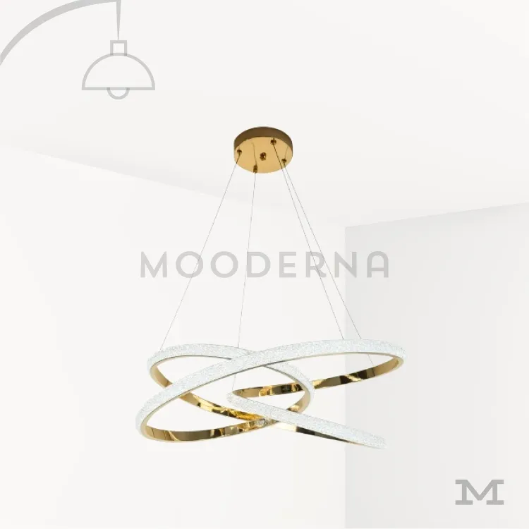 Avéne Gold luminaria moderna dorada. Luminaria Avéne Gold sobre fondo blanco con diseño circular suspendido en acabado dorado satinado. Fabricada en aluminio y acrílico con luz LED integrada, combina elegancia moderna con un estilo liviano y sofisticado. Ideal para presentar el producto de forma profesional en la página web.