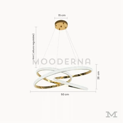 Luminaria Avéne Gold con medidas visibles. Muestra un diámetro de 48 cm y altura regulable hasta 1 metro, ideal para techos medianos y altos. El diseño técnico permite visualizar proporciones exactas para instalación en salas o comedores amplios.