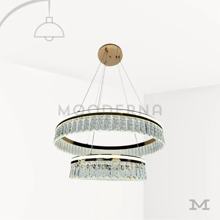 Deline Gold luminaria moderna dorada. Luminaria Deline Gold sobre fondo blanco con diseño de doble aro suspendido en acabado dorado satinado. Fabricada en aluminio y acrílico con luz LED incorporada, combina estilo moderno y lujo contemporáneo ideal para destacar en catálogos de iluminación.