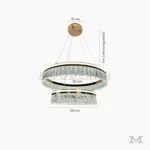 Luminaria Deline Gold con medidas visibles. Presenta aros de 50 y 30 cm de diámetro con altura regulable hasta 1 metro. Su estructura metálica dorada y forma geométrica permiten planificar fácilmente su instalación en comedores amplios o salas modernas.