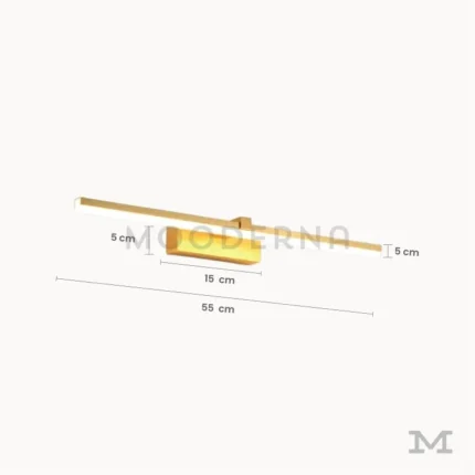 Luminaria Sigrid Gold con medidas reales de 55 cm de largo, ideal para baños modernos que requieren luz cálida y uniforme.