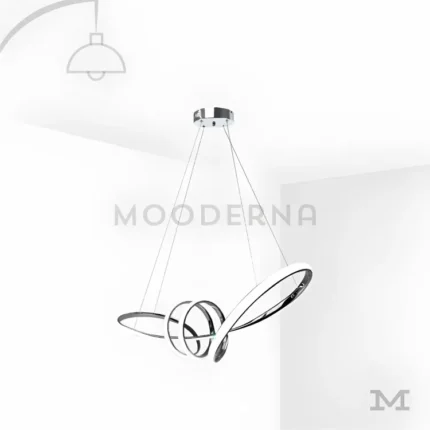 Madison Platinum en fondo blanco, mostrando su diseño moderno de líneas curvas y estructura suspendida, con acabado cromado que aporta un estilo sofisticado y contemporáneo al espacio.