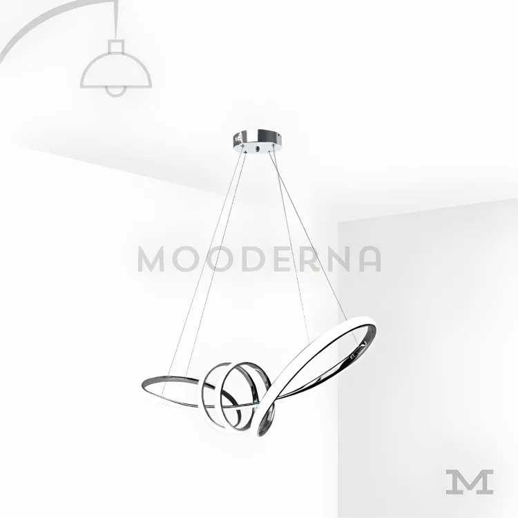 Luminaria de techo decorativa con diseño escultural. Madison Platinum en fondo blanco, mostrando su diseño moderno de líneas curvas y estructura suspendida, con acabado cromado que aporta un estilo sofisticado y contemporáneo al espacio.