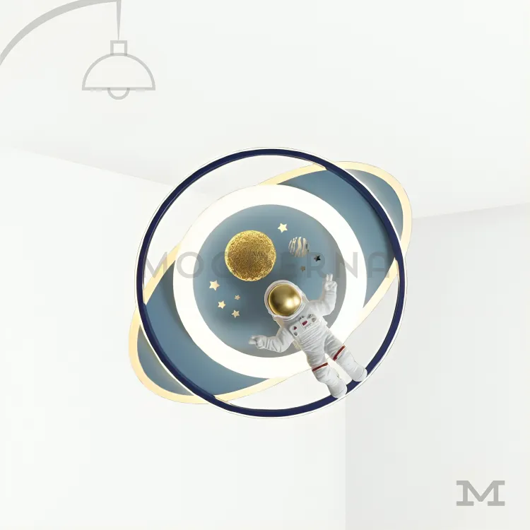 Luminaria decorativa de techo con diseño espacial. Orbi Stel ar en fondo blanco, mostrando su diseño circular tipo órbita con detalles inspirados en el espacio, ideal para ambientes modernos y juveniles.