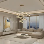 Imperial Gold en sala amplia de doble altura, resaltando la arquitectura del espacio con una iluminación envolvente y sofisticada.