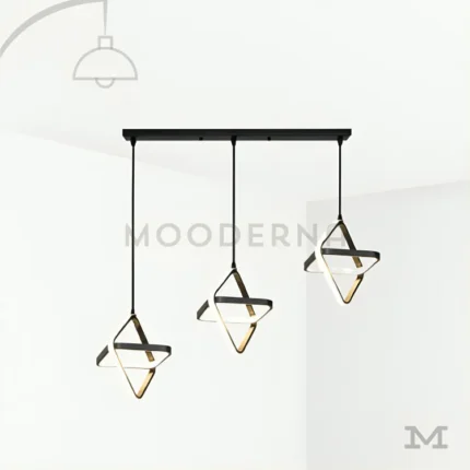 Valeria Black en fondo blanco, mostrando su diseño geométrico colgante con estructura negra mate y detalles en luz LED integrada, ideal para espacios modernos y elegantes.