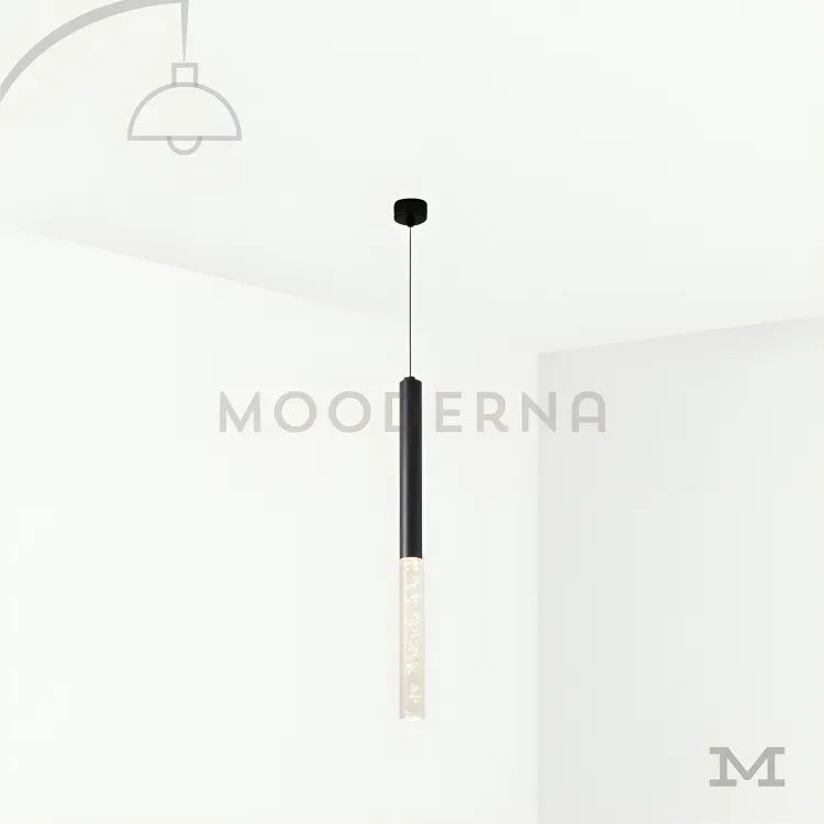 Lámpara colgante negra minimalista. Luminaria Abril Black en fondo blanco mostrando su diseño minimalista en acabado negro mate con barra de luz LED integrada, ideal para espacios modernos.