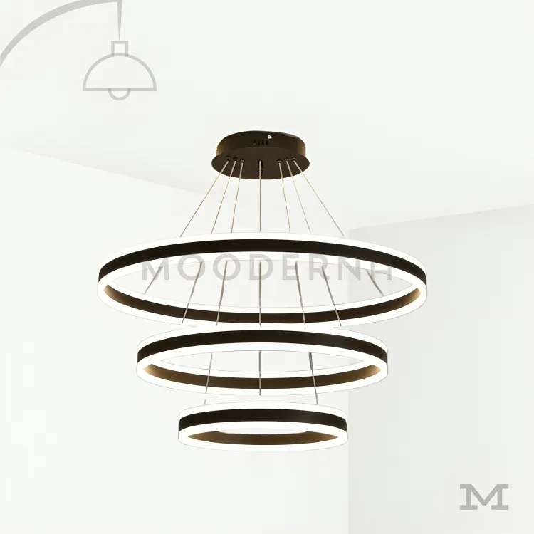 Luminaria colgante LED decorativa. Helena Black en fondo blanco, mostrando su diseño de anillos suspendidos en acabado negro satinado con estética moderna y elegante.