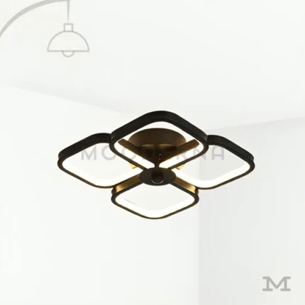 Samira Black en fondo blanco, mostrando su diseño geométrico moderno con estructura en acabado negro mate y difusores acrílicos que generan una iluminación limpia y equilibrada.