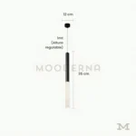 Abril Black con medidas detalladas y estructura delgada, perfecta para cocinas, barras y espacios reducidos que requieren iluminación focal.