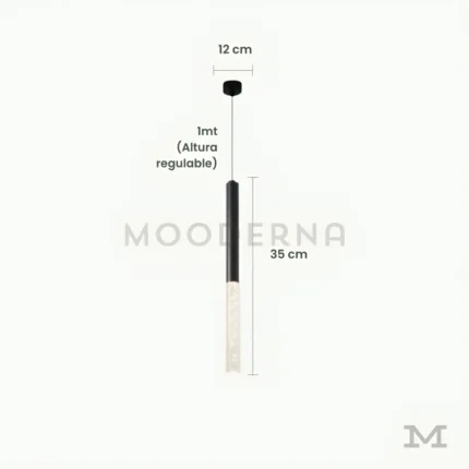 Abril Black con medidas detalladas y estructura delgada, perfecta para cocinas, barras y espacios reducidos que requieren iluminación focal.