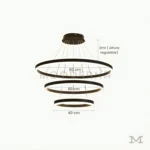 Helena Black con medidas referenciales, mostrando sus opciones de diámetro de 40, 60 y 80 cm y su caída regulable hasta 3 metros.