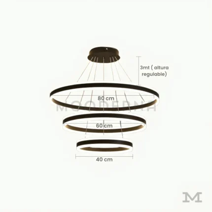 Helena Black con medidas referenciales, mostrando sus opciones de diámetro de 40, 60 y 80 cm y su caída regulable hasta 3 metros.