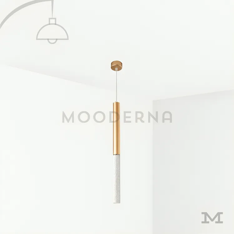 Lámpara colgante dorada moderna. Luminaria Abril Gold en fondo blanco con acabado dorado satinado y diseño minimalista, ideal para aportar calidez y estilo moderno a cualquier ambiente.