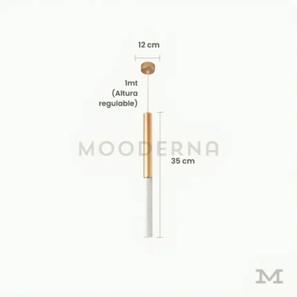 Abril Gold mostrando sus medidas exactas, con barra delgada en acabado dorado y cable regulable, perfecta para espacios pequeños como barras y rincones decorativos.