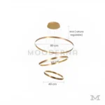 Helena Gold con medidas referenciales, mostrando opciones de diámetro de 40, 60 y 80 cm y altura regulable hasta 3 metros para adaptarse a distintos espacios.