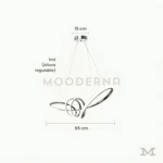 Madison Platinum con medidas reales, destacando su diámetro de 65 cm y altura total de 30 cm, con sistema de altura regulable hasta 1 metro para adaptarse a distintos tipos de techo y ambientes.