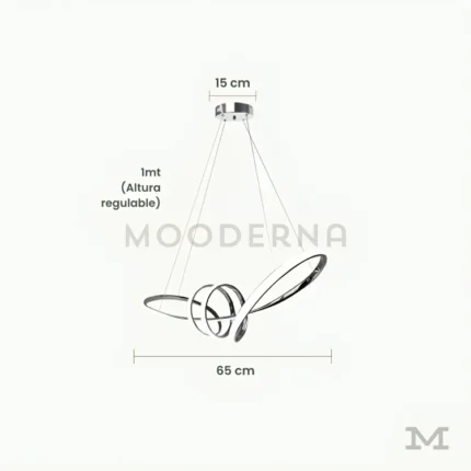 Madison Platinum con medidas reales, destacando su diámetro de 65 cm y altura total de 30 cm, con sistema de altura regulable hasta 1 metro para adaptarse a distintos tipos de techo y ambientes.