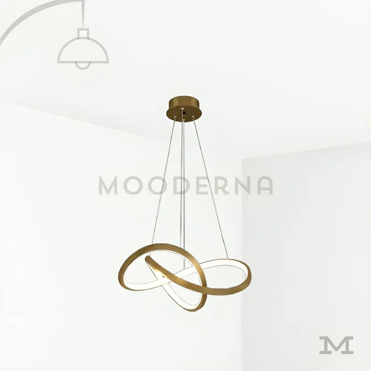 Lámpara colgante dorada moderna. Fiore Gold en fondo blanco mostrando su diseño moderno en acabado dorado satinado, con aros LED decorativos y estructura limpia ideal para interiores elegantes.