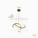 Fiore Gold con medidas reales y cable regulable hasta 1 metro, permitiendo visualizar su tamaño y adaptabilidad para salas, comedores y habitaciones modernas.