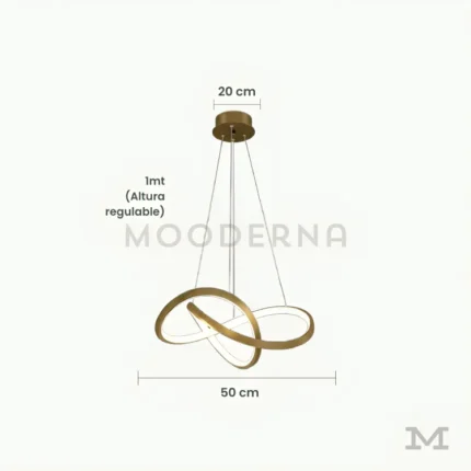 Fiore Gold con medidas reales y cable regulable hasta 1 metro, permitiendo visualizar su tamaño y adaptabilidad para salas, comedores y habitaciones modernas.