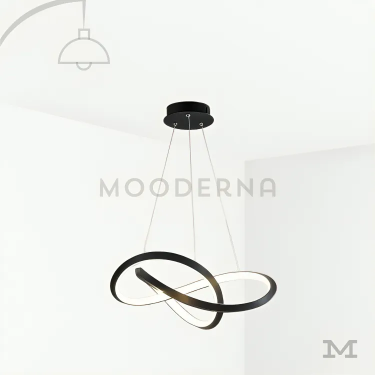 Lámpara colgante negra moderna. Fiore Black en fondo blanco mostrando su diseño minimalista y moderno en color negro mate, con estructura circular y luz LED incorporada, ideal para ambientes elegantes y contemporáneos.