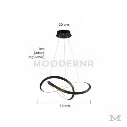 Fiore Black presentada con sus medidas reales y cable regulable hasta 1 metro, permitiendo visualizar proporciones y adaptabilidad para distintos espacios del hogar.