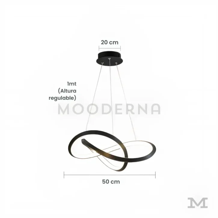 Fiore Black presentada con sus medidas reales y cable regulable hasta 1 metro, permitiendo visualizar proporciones y adaptabilidad para distintos espacios del hogar.