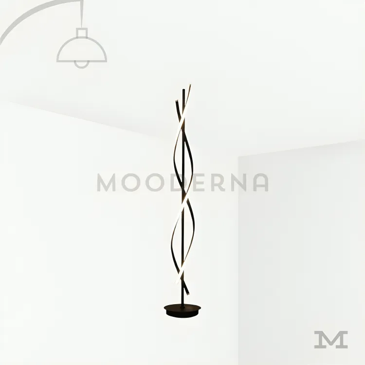 Lámpara de pie decorativa moderna. Livana Black en fondo blanco mostrando su diseño estilizado tipo escultura, con líneas curvas verticales que aportan un carácter artístico y contemporáneo, ideal como pieza protagonista en espacios modernos.