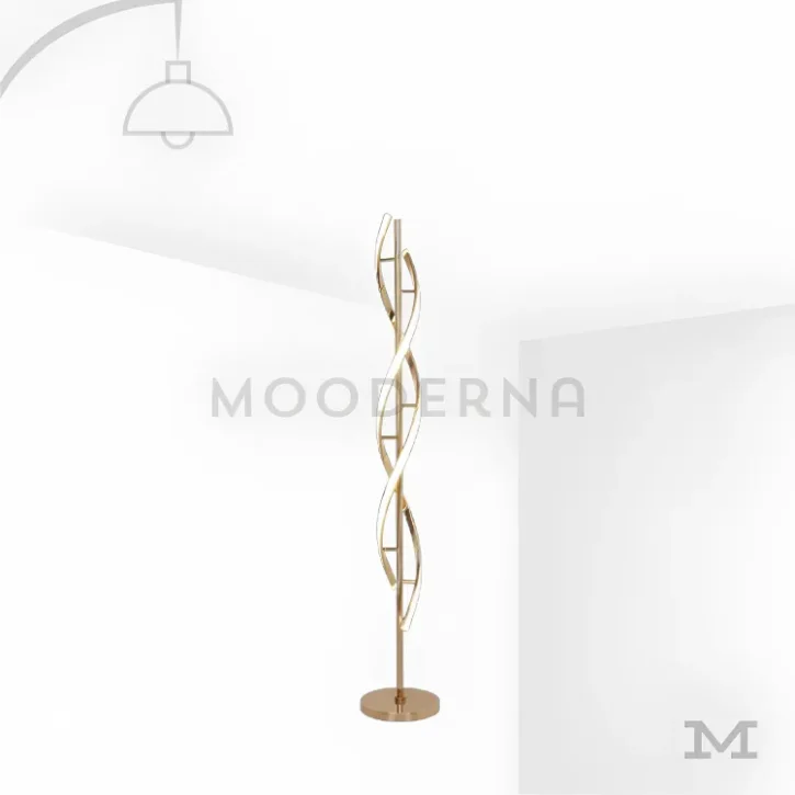 Livana Gold en fondo blanco mostrando su estructura escultórica con líneas curvas entrelazadas en acabado dorado satinado, una pieza decorativa que destaca por su diseño elegante y artístico.