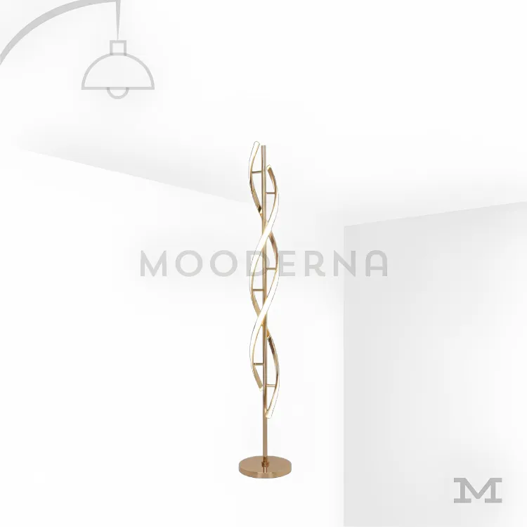 Lámpara de pie decorativa en color dorado. Livana Gold en fondo blanco mostrando su estructura escultórica con líneas curvas entrelazadas en acabado dorado satinado, una pieza decorativa que destaca por su diseño elegante y artístico.