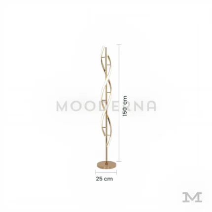 Livana Gold con medidas reales, resaltando su altura total de 150 cm y su base circular de 25 cm de diámetro, diseñada para brindar estabilidad y una presencia visual equilibrada en distintos ambientes.