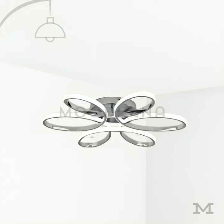 Loto Platinum en fondo blanco mostrando su diseño moderno de formas orgánicas tipo pétalos, con acabado cromado que refleja la luz y aporta un estilo elegante y contemporáneo al espacio.