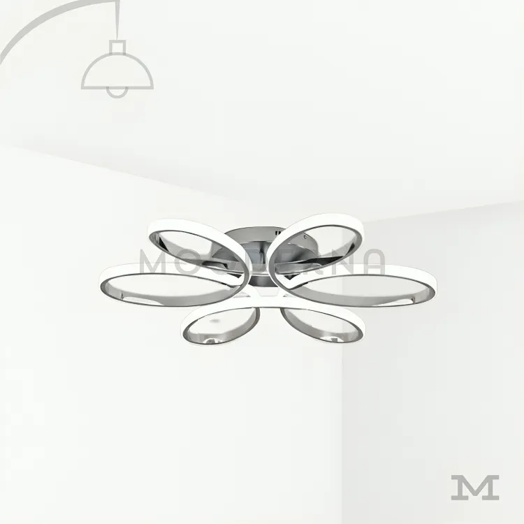 Luminaria de techo decorativa en acabado platino. Loto Platinum en fondo blanco mostrando su diseño moderno de formas orgánicas tipo pétalos, con acabado cromado que refleja la luz y aporta un estilo elegante y contemporáneo al espacio.