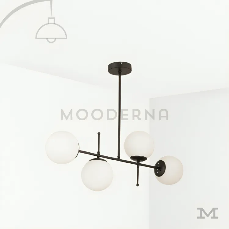 Luminaria colgante decorativa de diseño contemporáneo. Sabina Black en fondo blanco, mostrando su estructura metálica en acabado negro mate combinada con esferas de vidrio que aportan equilibrio visual y un estilo moderno con inspiración mid-century.