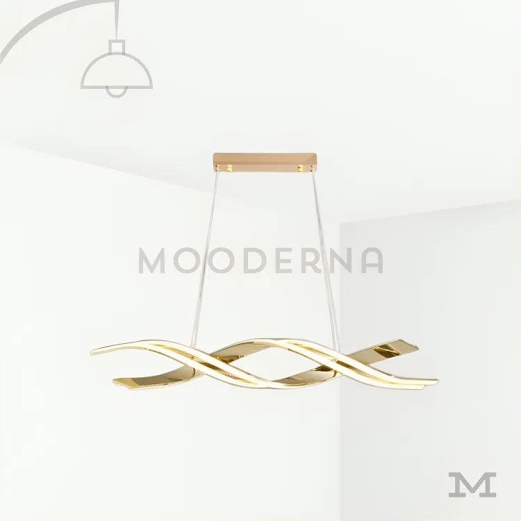 Luminaria colgante decorativa de gran formato. Perla Gold en fondo blanco, mostrando su diseño ondulado y elegante con acabado dorado satinado, ideal para aportar sofisticación y movimiento visual a espacios modernos.