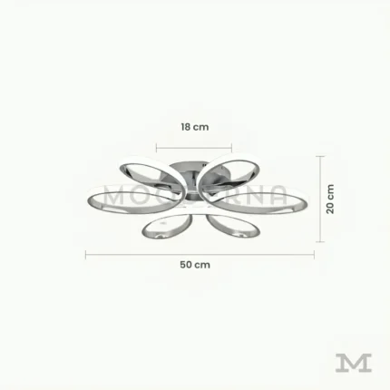Loto Platinum con medidas reales, destacando su diámetro de 50 cm y altura total de 20 cm, ideal para espacios donde se busca una luminaria protagonista sin sobrecargar visualmente el ambiente.