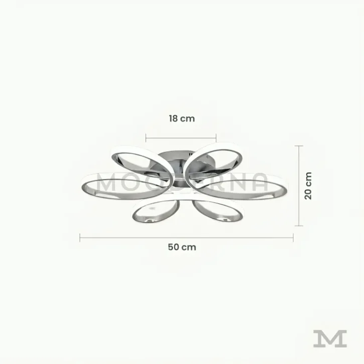 Loto Platinum con medidas reales, destacando su diámetro de 50 cm y altura total de 20 cm, ideal para espacios donde se busca una luminaria protagonista sin sobrecargar visualmente el ambiente.