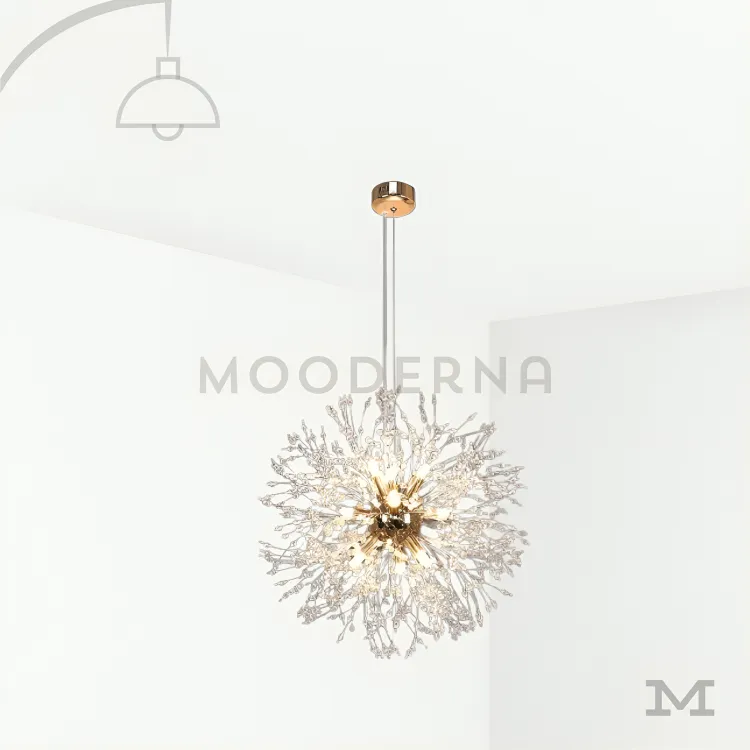 Lámpara colgante dorada moderna. Luminaria Ela Luz Gold en fondo blanco con diseño floral moderno y acabado dorado satinado, perfecta para resaltar espacios con un estilo elegante y decorativo.