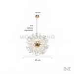 Ela Luz Gold mostrada con sus medidas exactas; estructura de 9 focos LED distribuidos en forma radial, ideal para iluminar áreas medianas con estética llamativa.