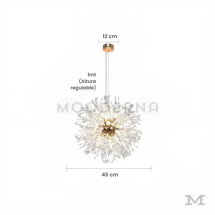 Ela Luz Gold mostrada con sus medidas exactas; estructura de 9 focos LED distribuidos en forma radial, ideal para iluminar áreas medianas con estética llamativa.