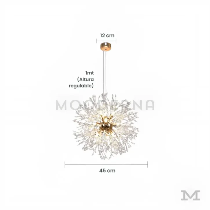 Ela Luz Gold mostrada con sus medidas exactas; estructura de 9 focos LED distribuidos en forma radial, ideal para iluminar áreas medianas con estética llamativa.