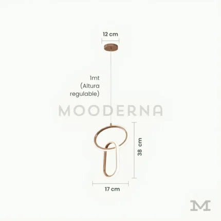 Lorea One Gold con medidas reales, destacando su altura de 38 cm y su sistema de altura regulable hasta 100 cm, permitiendo una instalación versátil según el espacio y la necesidad de iluminación.