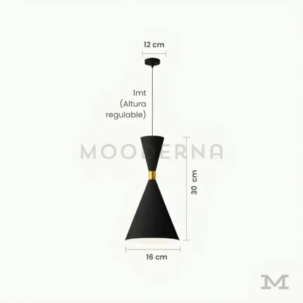 Galia Black con medidas reales y altura regulable hasta 100 cm, permitiendo una instalación flexible según la altura del techo y el tipo de ambiente.