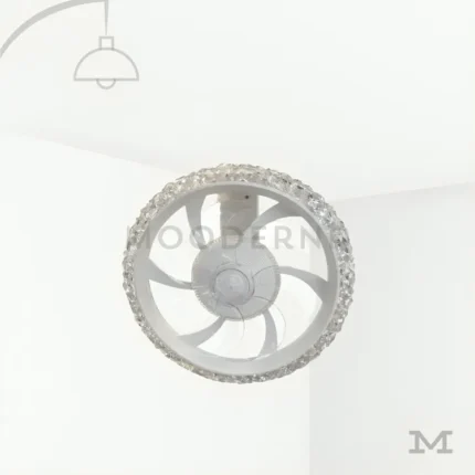 Karinna White en fondo blanco, destacando su diseño circular en acabado blanco con luz LED integrada y ventilador central.