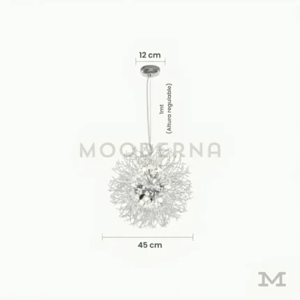 Ela Luz Plata con medidas referenciales, mostrando su diámetro de 45 cm y altura regulable hasta 100 cm.